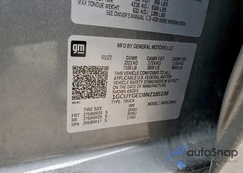 2022 Chevrolet Silverado Ltd K1500 Ltz z USA, uszkodzony, nr VIN 1GCUYGED8NZ185108